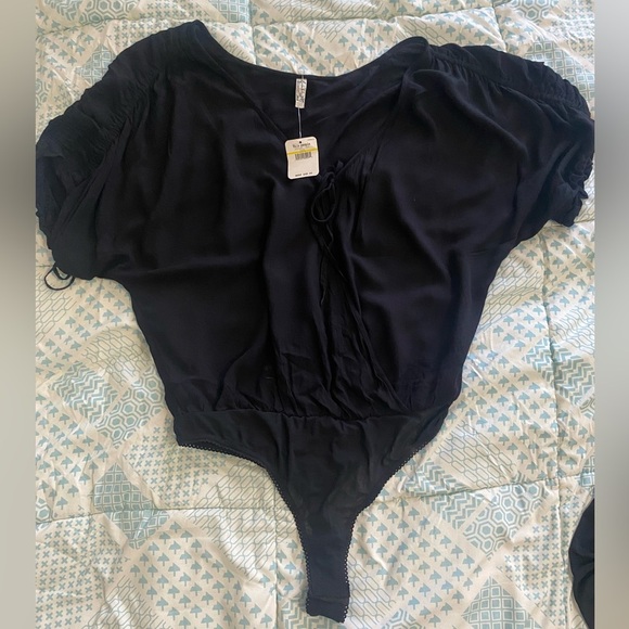 NWT .. Free People Black Tie Front Ruched Bodysuit - Picture 14 of 16
